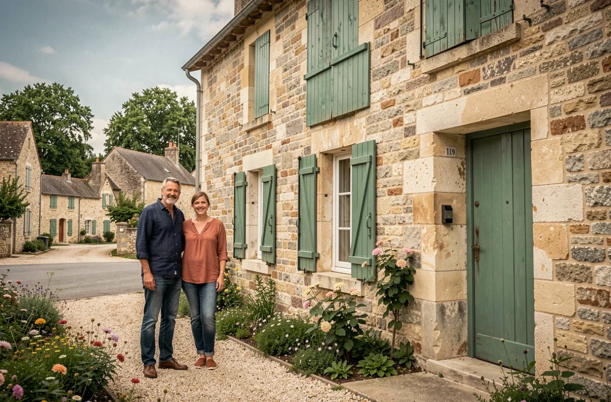 Couple devant une maison en pierre rénovée après achat d'une maison abandonnée, plus-value immobilière réussie