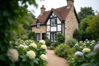 Maison normande en pierre avec jardin fleuri à vendre en bord de mer Normandie