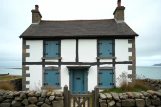 Petite maison de pêcheur normande à vendre avec volets bleus et vue sur la mer