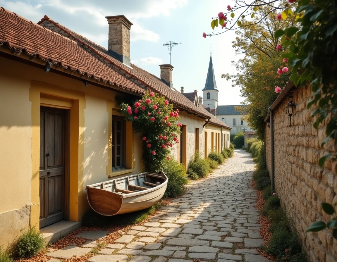 Maison de pêcheur vendéenne dans une ruelle de village côtier avec barque en bois