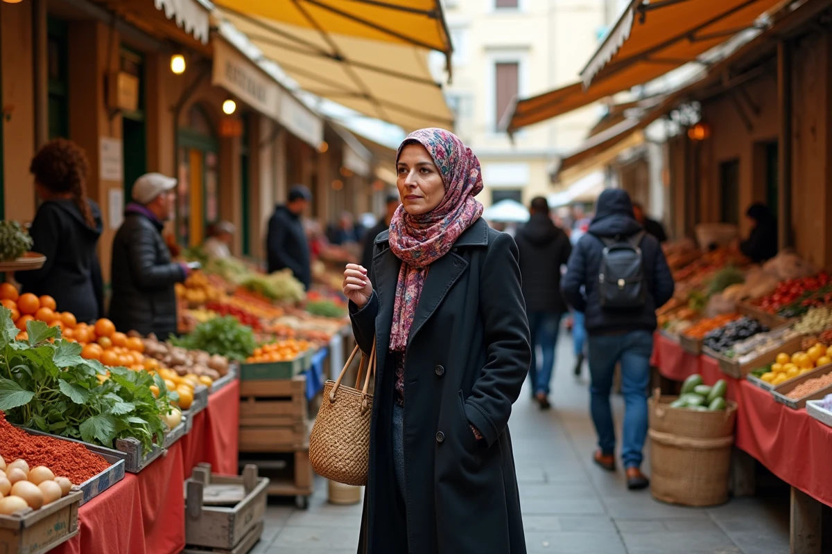 Marché de quartier animé dans le 3ème arrondissement de Marseille avec une femme commerçante examinant des légumes, scène de vie quotidienne multiculturelle