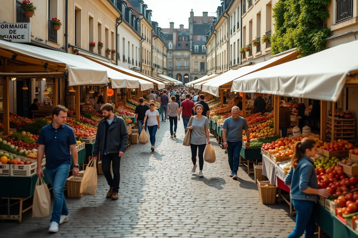Marché de plein air animé dans une ville de banlieue parisienne accessible et agréable à vivre en Île-de-France