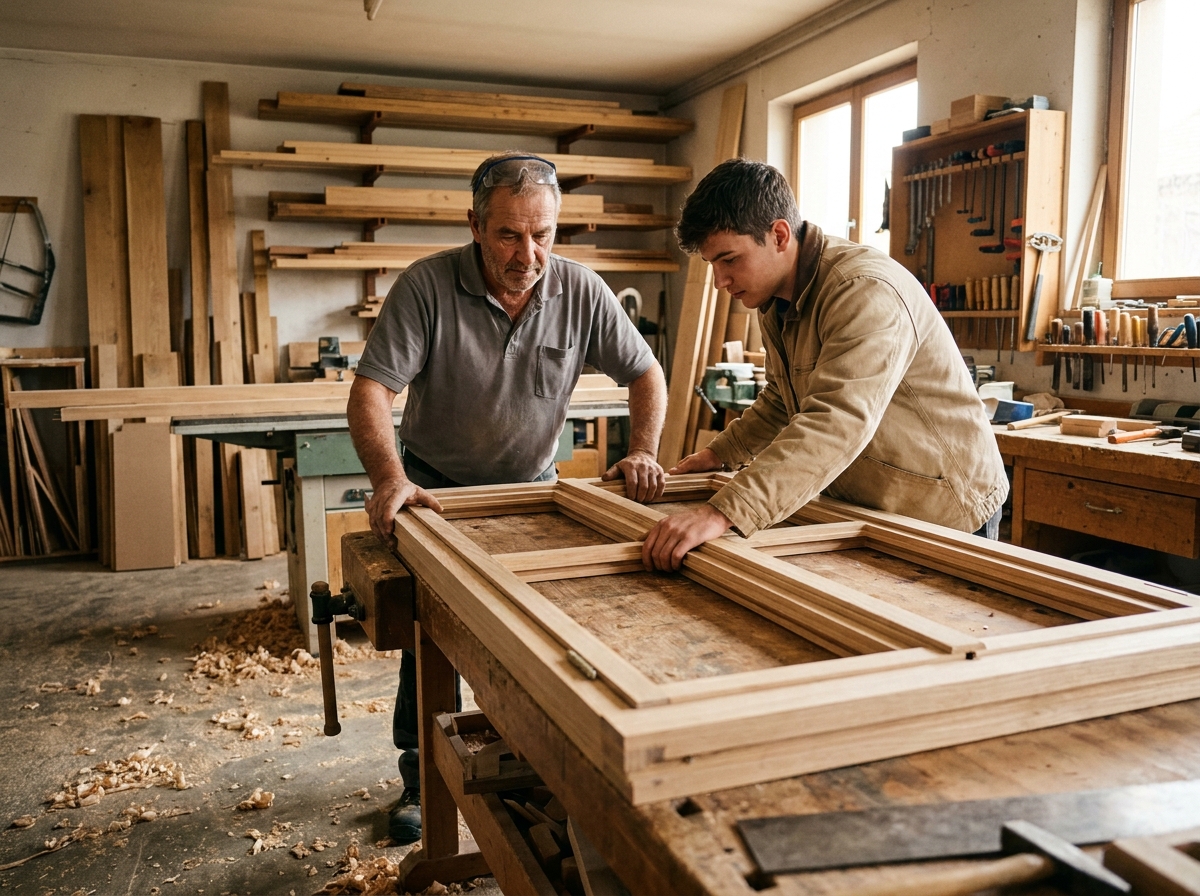 Menuisier expérimenté et apprenti assemblant un châssis de fenêtre en bois dans un atelier de menuiserie professionnel