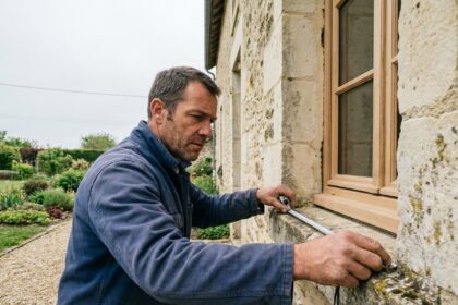 Menuisier professionnel mesurant un cadre de fenêtre en bois sur une maison en pierre au Mans