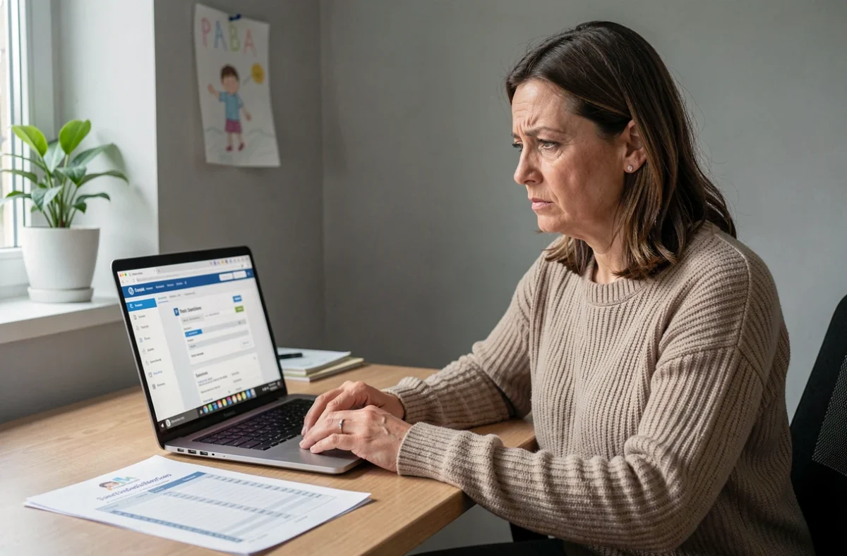 Mère célibataire consultant sa déclaration fiscale en ligne depuis son bureau à domicile pour optimiser sa défiscalisation familiale