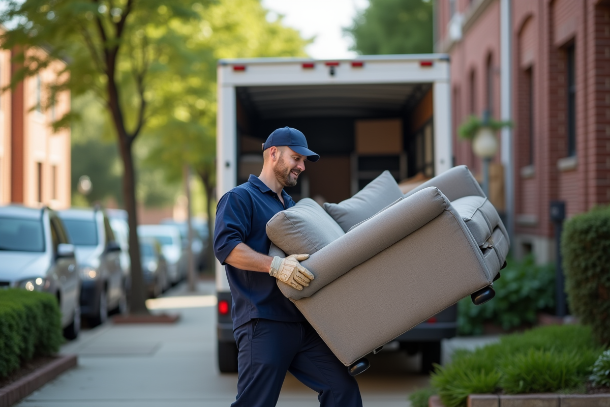 Monteur professionnel soulevant un canapé dans la rue urbaine