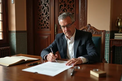 Notaire marocain examinant des documents d'achat immobilier dans un bureau traditionnel de Marrakech