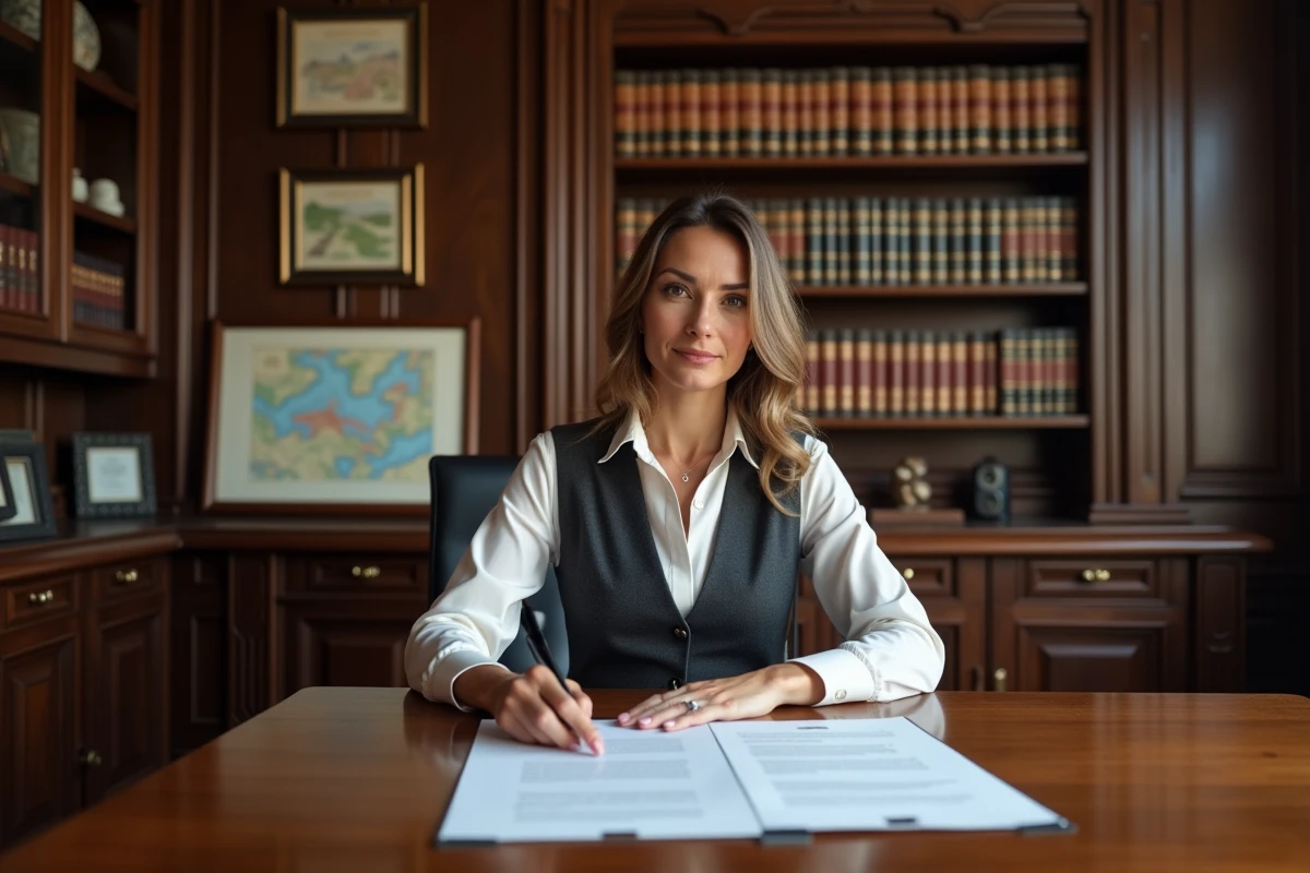 Notaire normande présentant un contrat immobilier dans son étude en bord de mer