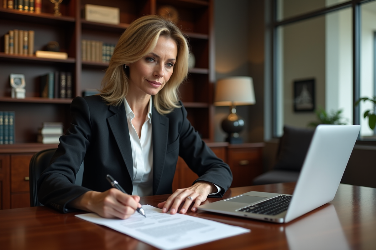 Notaire femme examinant documents juridiques dans son bureau