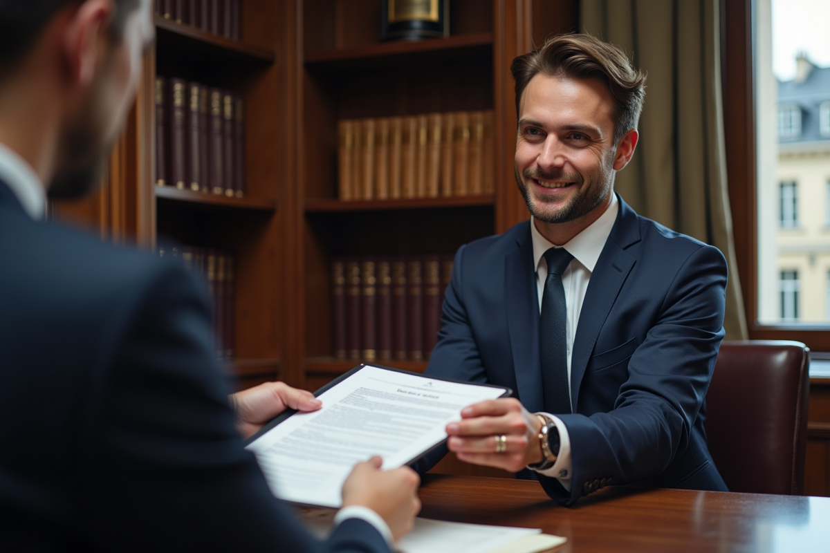 Jeune notaire professionnel remet un document officiel dans son bureau