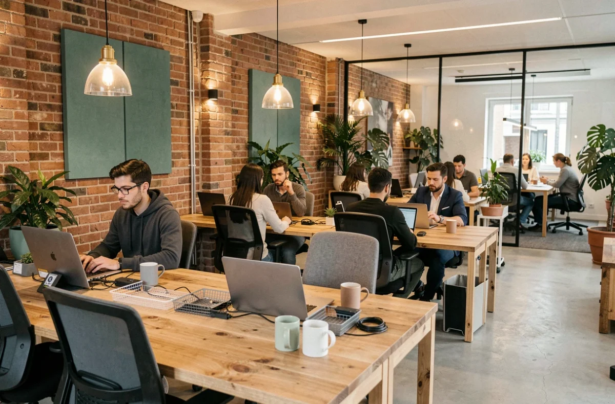 Espace de coworking moderne de Now Coworking Lille avec bureaux ergonomiques, murs en briques apparentes et professionnels au travail dans la métropole lilloise