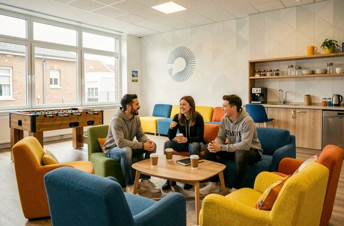 Espace commun convivial et coloré de la résidence Odalys Campus Rennes Mil'on avec des étudiants