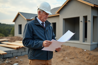 Ouvrier en chantier examinant des plans de construction