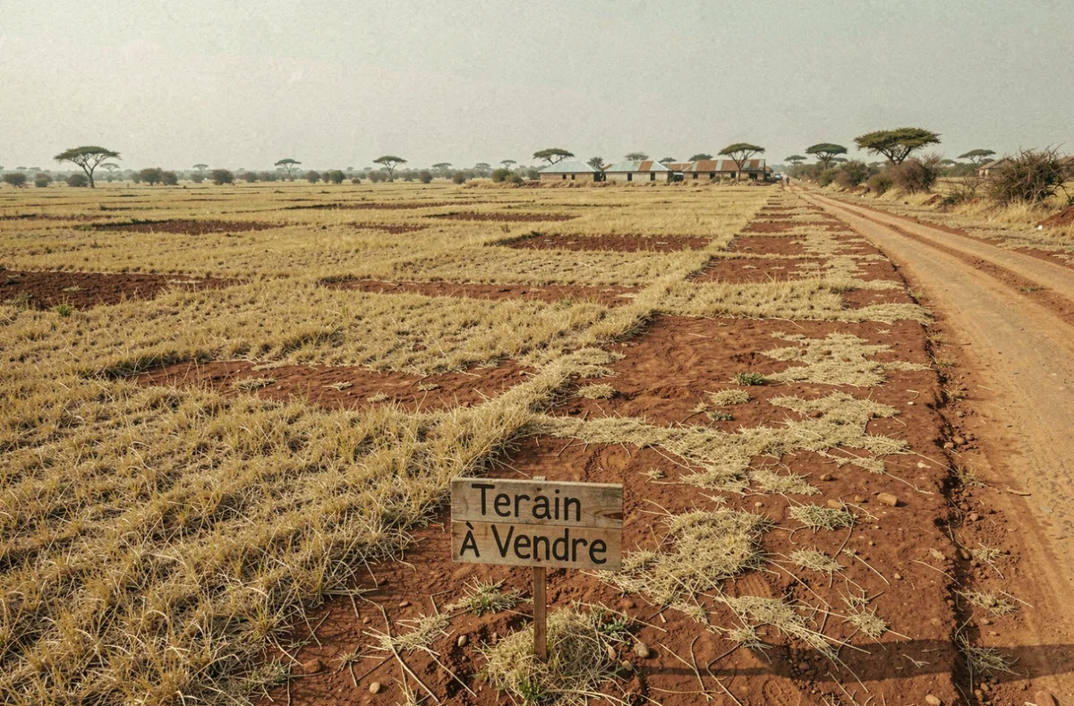 Panneau terrain à vendre sur une parcelle agricole en milieu rural au Sénégal