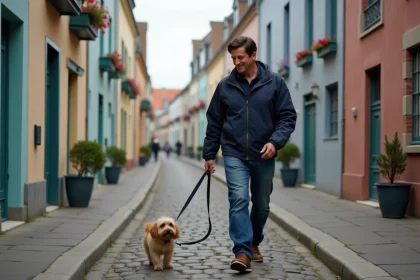 Homme marche son chien dans une rue pavée de Le Havre