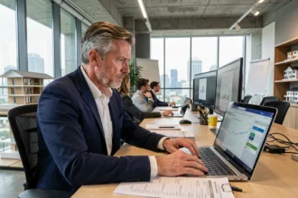 Promoteur immobilier analysant un logiciel de gestion immobilière sur ordinateur portable en réunion
