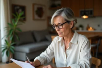Propriétaire vérifiant la liste de mobilier obligatoire pour une location meublée avec un stylo et un checklist imprimé