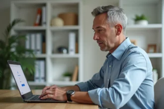 Propriétaire connecté à son espace en ligne sur un ordinateur portable depuis son bureau à domicile