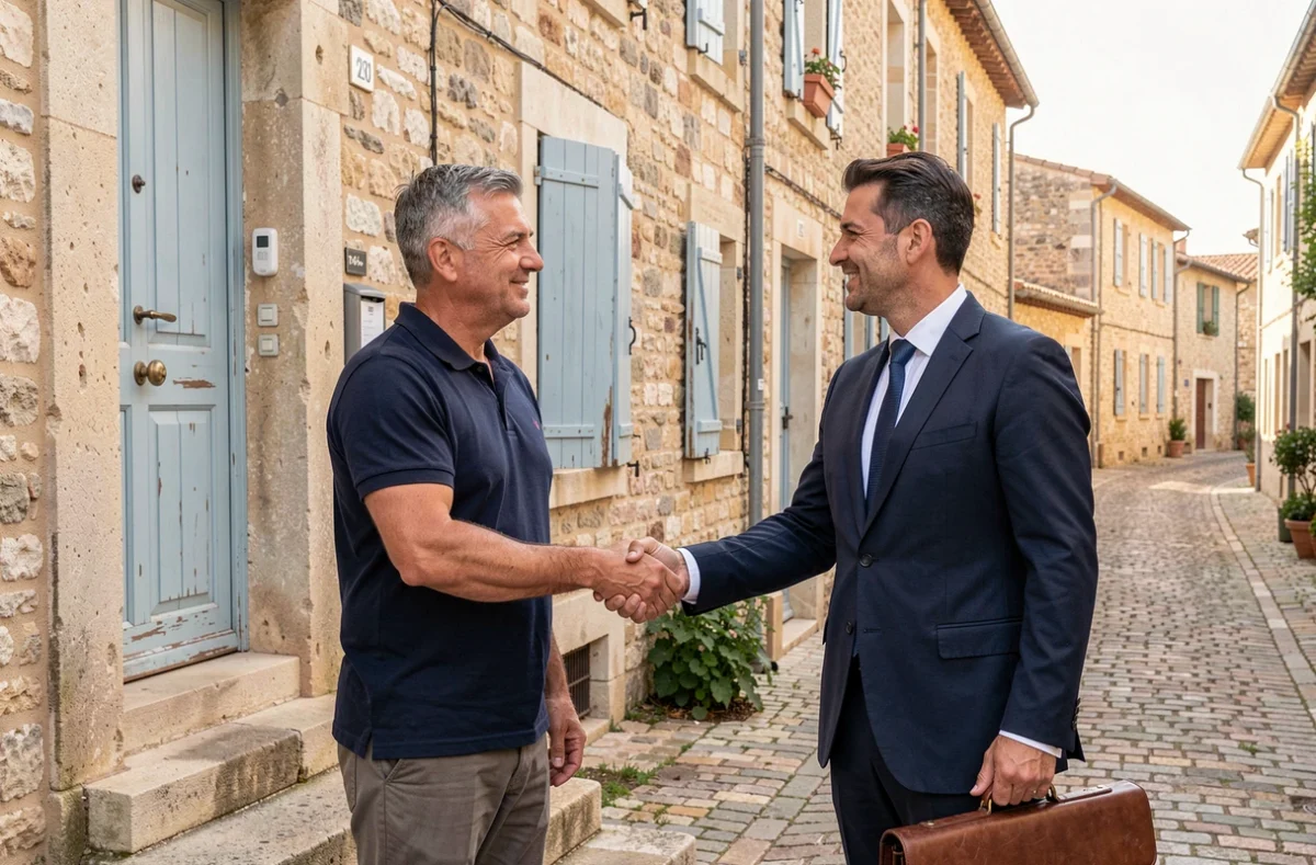 Propriétaire serrant la main d'un conseiller en assurance habitation devant une maison en pierre à Manosque