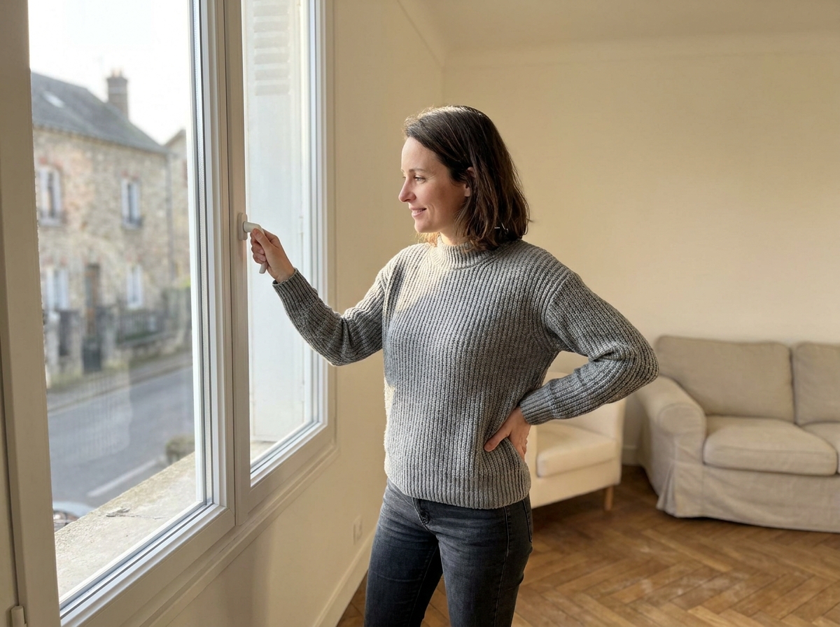 Propriétaire inspectant une fenêtre double vitrage PVC nouvellement installée dans un intérieur rénové