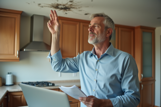 Propriétaire examinant des dégâts d'eau au plafond dans la cuisine