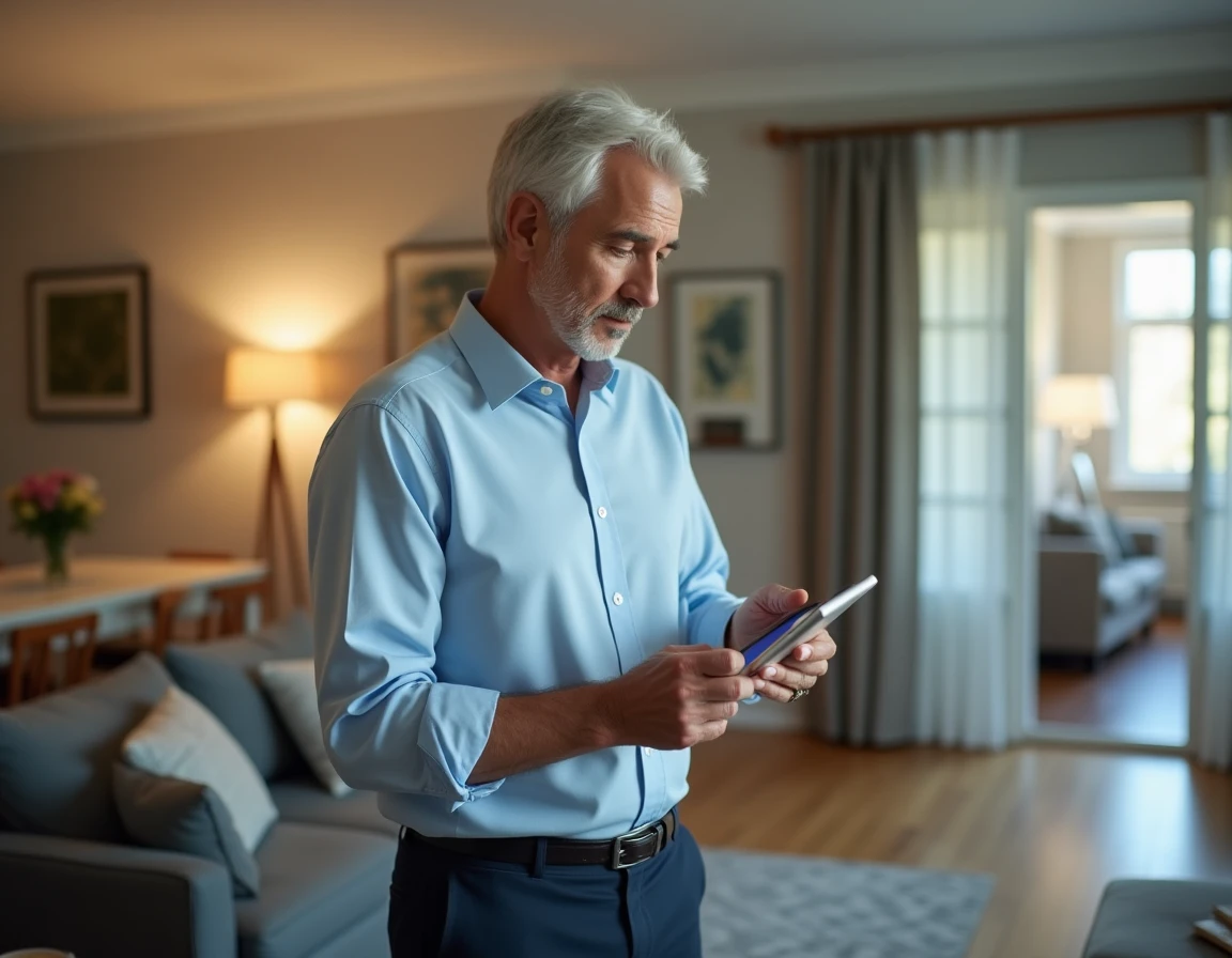 Propriétaire vérifiant sur tablette la liste complète du mobilier requis dans son appartement en location meublée