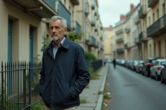 Homme inquiet dans un quartier résidentiel dégradé de Chalon-sur-Saône, évaluant la sécurité du secteur