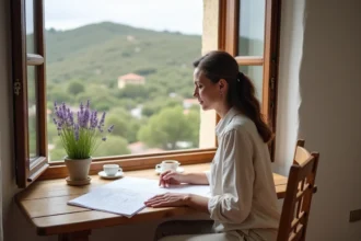 Femme de 45 ans en reconversion professionnelle travaillant dans une maison corse traditionnelle avec vue sur le maquis