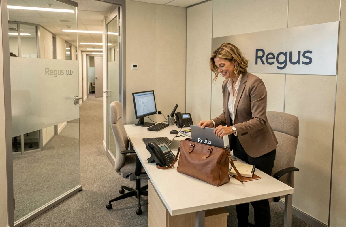 Professionnelle s'installant dans un bureau privatif Regus Lille, espace de bureau meublé dans un centre d'affaires international en réseau