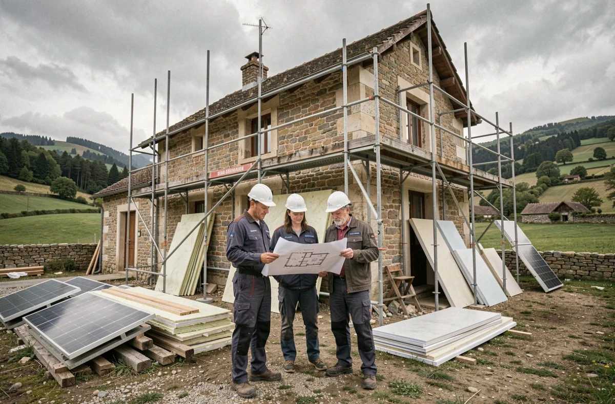 Équipe de professionnels de la rénovation énergétique devant une maison en cours de travaux dans l'Ain