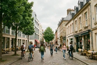 Vue d'un quartier étudiant animé en Bretagne avec des résidences modernes et une architecture en pierre traditionnelle