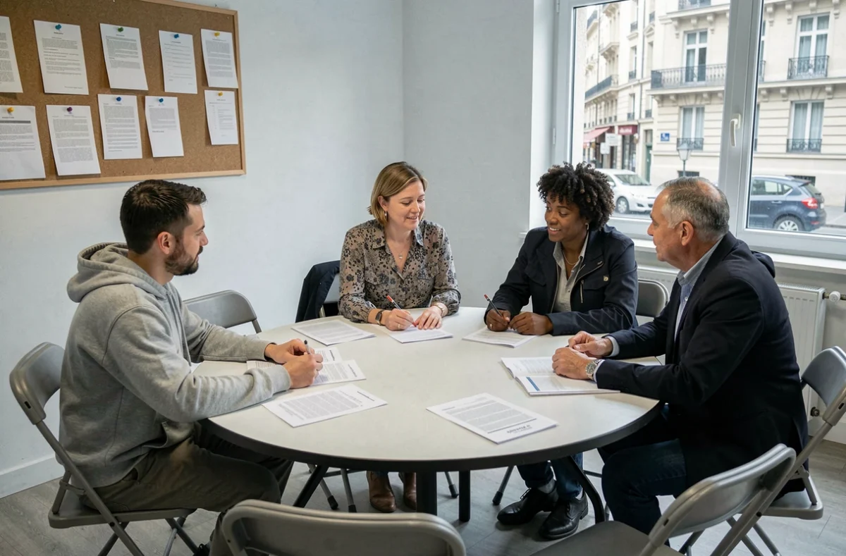 Groupe de personnes en situation de précarité participant à une réunion collective dans un centre social du 20e arrondissement de Paris