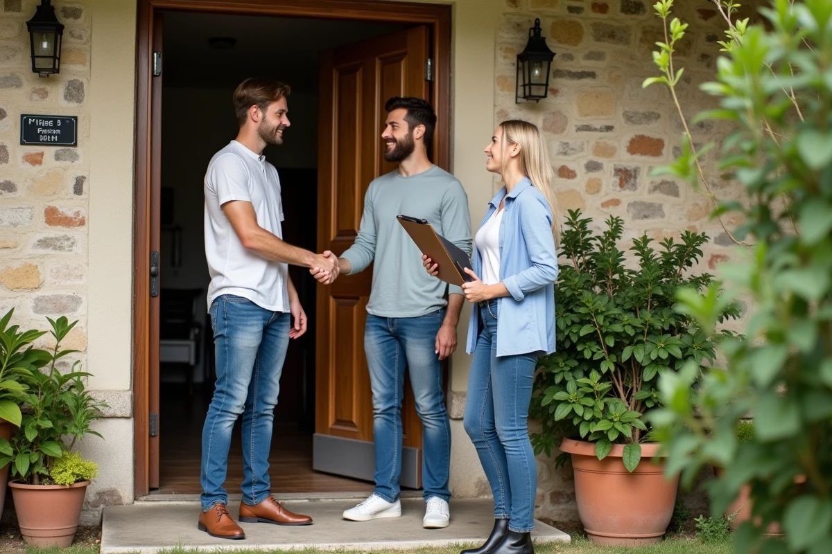 Jeune couple serrant la main à la propriétaire devant la maison