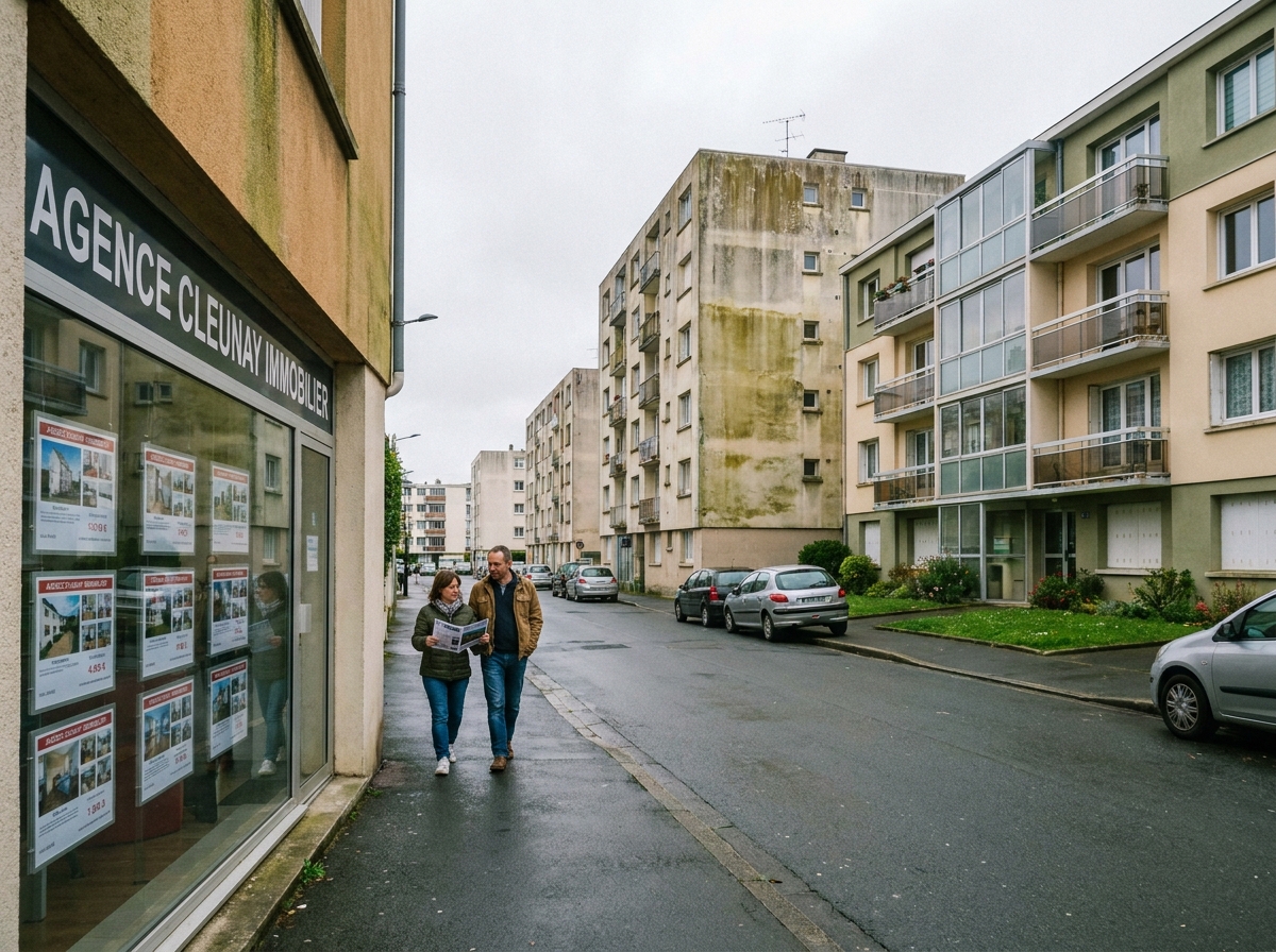 Vue de rue d'un quartier résidentiel de Rennes avec des immeubles d'habitation variés et une vitrine d'agence immobilière au premier plan, couple de futurs investisseurs en arrière-plan