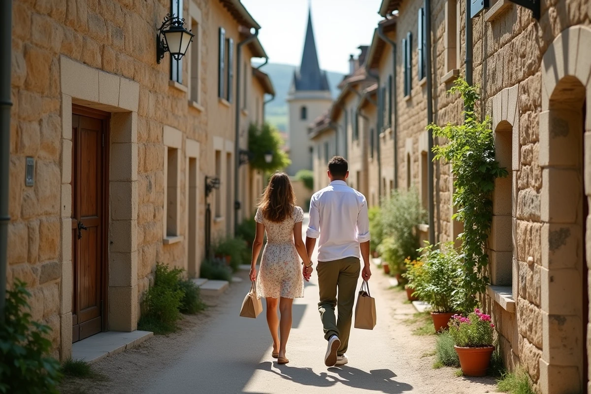 Couple se promenant dans une ruelle pittoresque d'un village de la Creuse, maisons en granit anciennes et clocher en arrière-plan