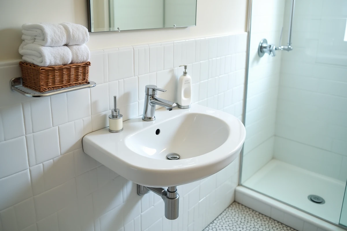 Salle de bain d'une location meublée courte durée avec serviettes, produits de toilette et équipements de base