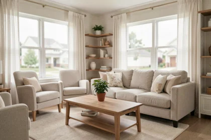 Salon bien rangé et épuré prêt pour des photos d'annonce immobilière, avec canapé neutre, plante verte et décoration minimaliste