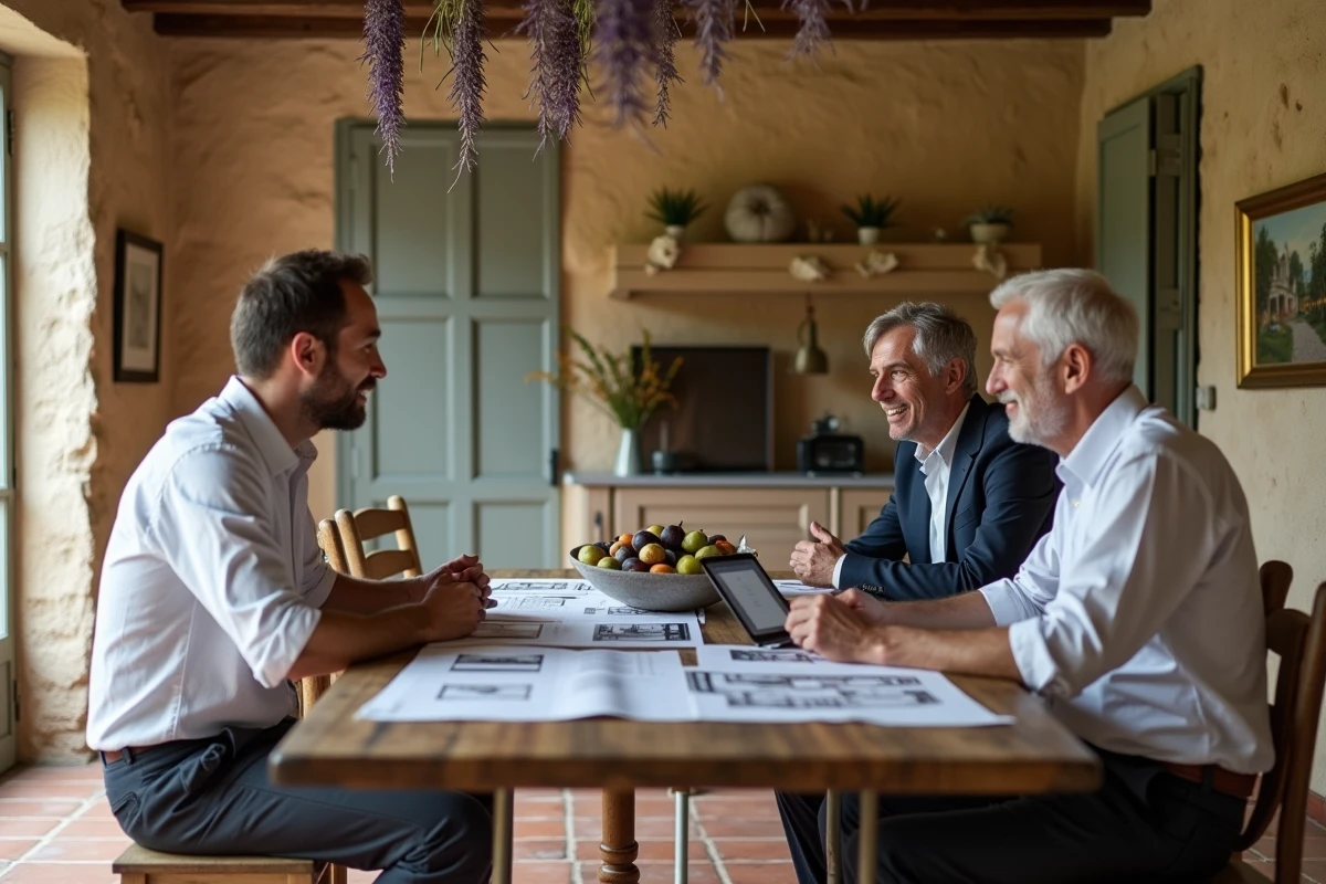 Scout de location discutant de la location d'une maison provençale en pierre pour un tournage publicitaire avec les propriétaires