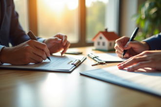 Deux mains signant un contrat immobilier avec clés et maison miniature