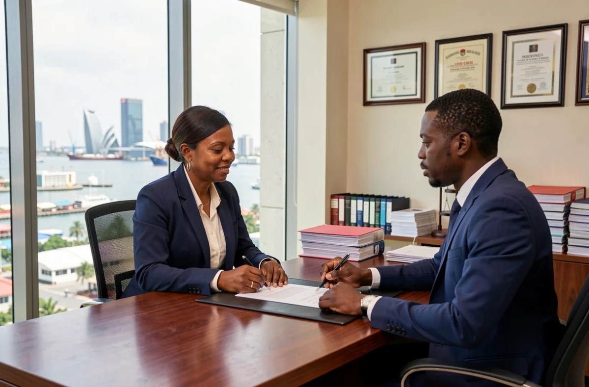 Conseillère juridique et investisseur signant un contrat d'achat immobilier dans un bureau de Port Louis à l'île Maurice