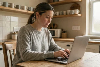 Femme souscrivant une assurance habitation en ligne sur son ordinateur portable dans une cuisine moderne