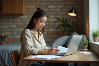 Jeune femme dans un studio BIS qui étudie des documents d'aide au logement sur un bureau en bois