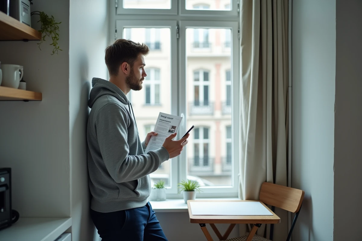 Jeune homme dans un studio BIS tenant une brochure d'aide au logement près d'une fenêtre urbaine