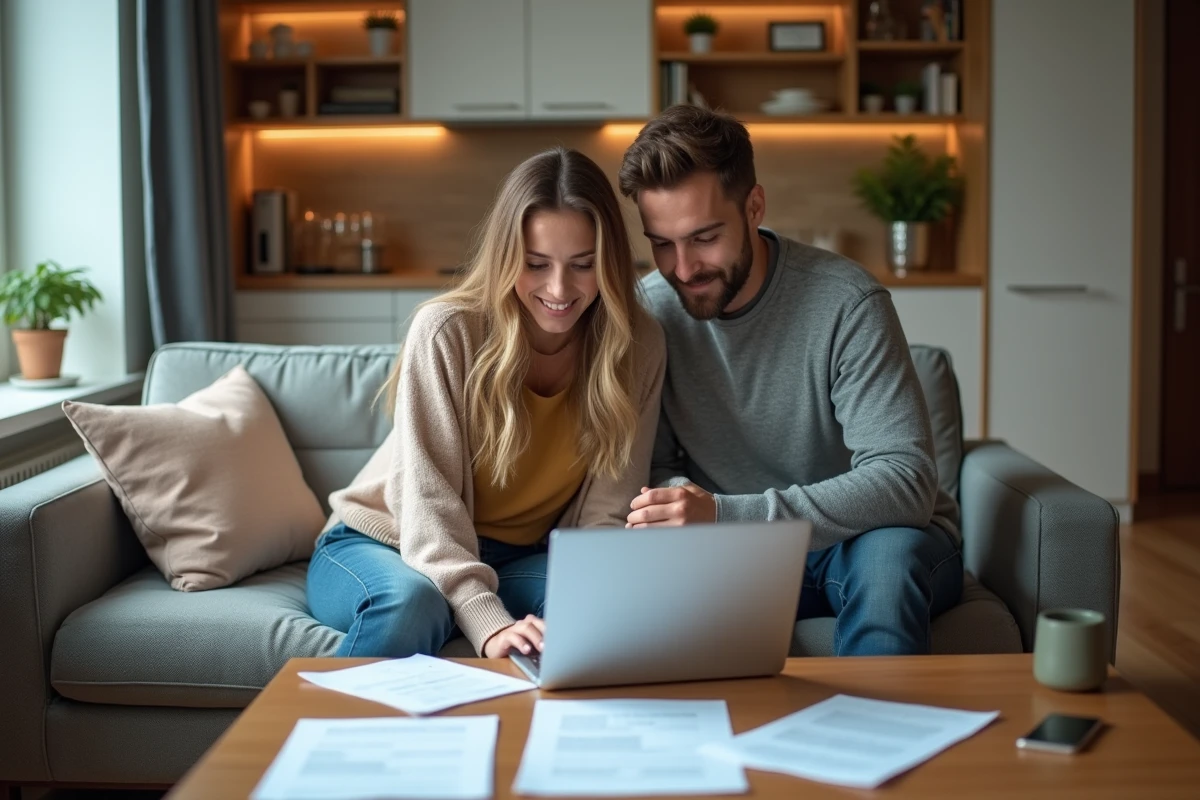 Couple dans un studio BIS qui planifie leur budget logement avec des documents et un ordinateur portable