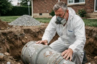 Technicien en combinaison de protection inspectant une conduite en fibrociment dégradée lors d'une excavation résidentielle