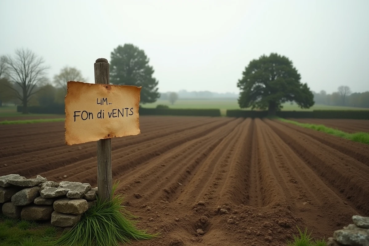 Terrain agricole à louer en France avec panneau de location artisanal planté au bord d'un champ labouré