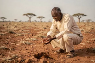 Homme sénégalais examinant la qualité du sol d'un terrain agricole à vendre au Sénégal