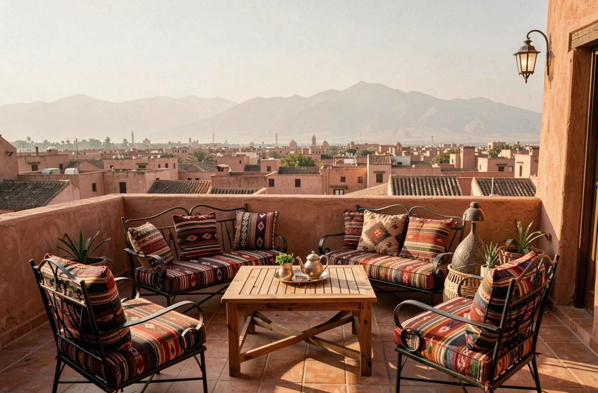 Terrasse panoramique d'un riad rénové à Marrakech avec vue sur les toits de la médina et les montagnes de l'Atlas, idéale pour un investissement locatif haut de gamme