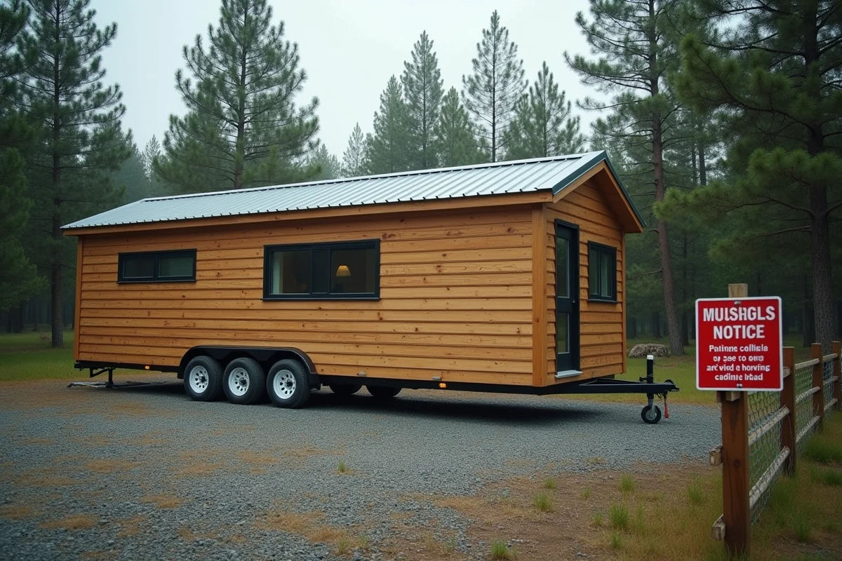Tiny house sur terrain non constructible avec affichage d'un avis d'urbanisme en forêt