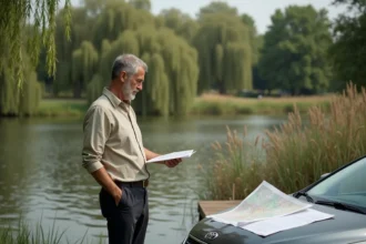 Propriétaire étudiant des documents de vente au bord d'un étang privé en milieu rural français